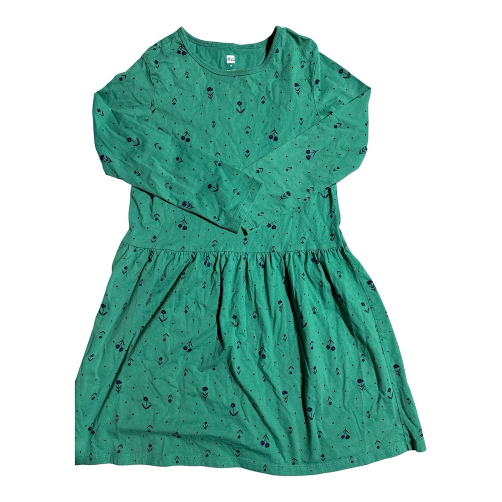 Tea Collection Girls Green Long Sleeve Floral Cotton Play Dress Size 10